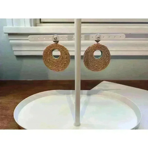 Handmade Rattan Disc Statement Earrings Teal And Tan - Picture 5 of 5